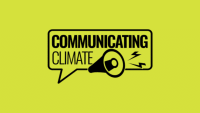 Communicating Climate logo, including an illustration of a megaphone, all within a speech bubble. The plain background is lime.