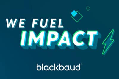 Blackbaud logo with 'we fuel impact' and an illustration of an electrical spark, on a dark blue/green background