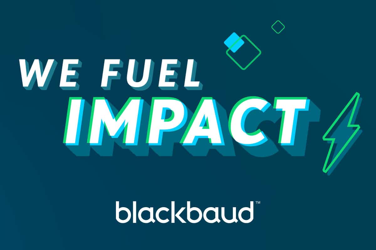 Blackbaud logo with 'we fuel impact' and an illustration of an electrical spark, on a dark blue/green background
