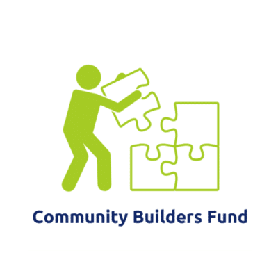 Community Builders Fund logo - a green person is placing the four and final jigsaw piece in place on top of the other three.