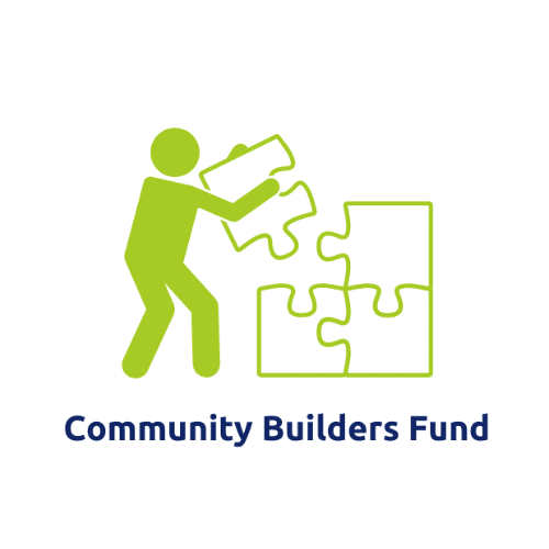 Community Builders Fund logo - a green person is placing the four and final jigsaw piece in place on top of the other three.