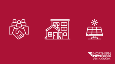 Northern Powergrid Foudation icons on a red background symbolosing community, buildings and social energy.