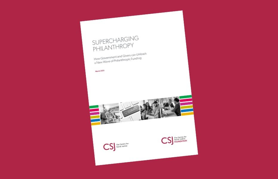Supercharging Philanthropy report's front cover on a red background