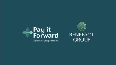 Pay It Forward logo, next to Benefact Group logo on a dark green backround.