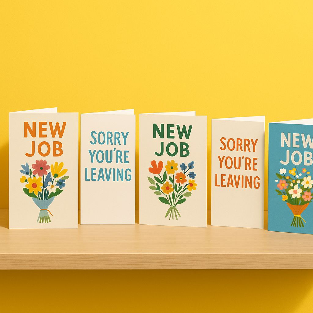 Five new job and leaving cards on a wooden shelf against a yellow wall. The cards say "New job" or "sorry you're leaving". Created with OpenAI.