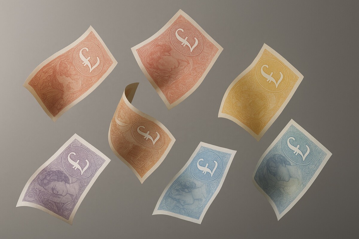 Seven mockups of UK banknotes all in mid-air. Created with MS Copilot by Howard Lake.