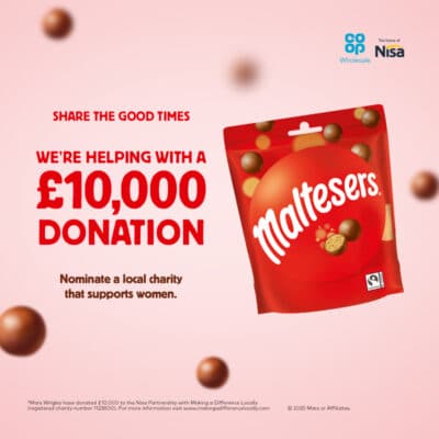 Share the good times. Image of a Maltesers bag of chocolates. We're helping with a £10,000 donation.