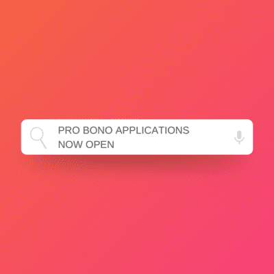 Screenshot of entry form with "pro bono applications now open" in a white background text box.