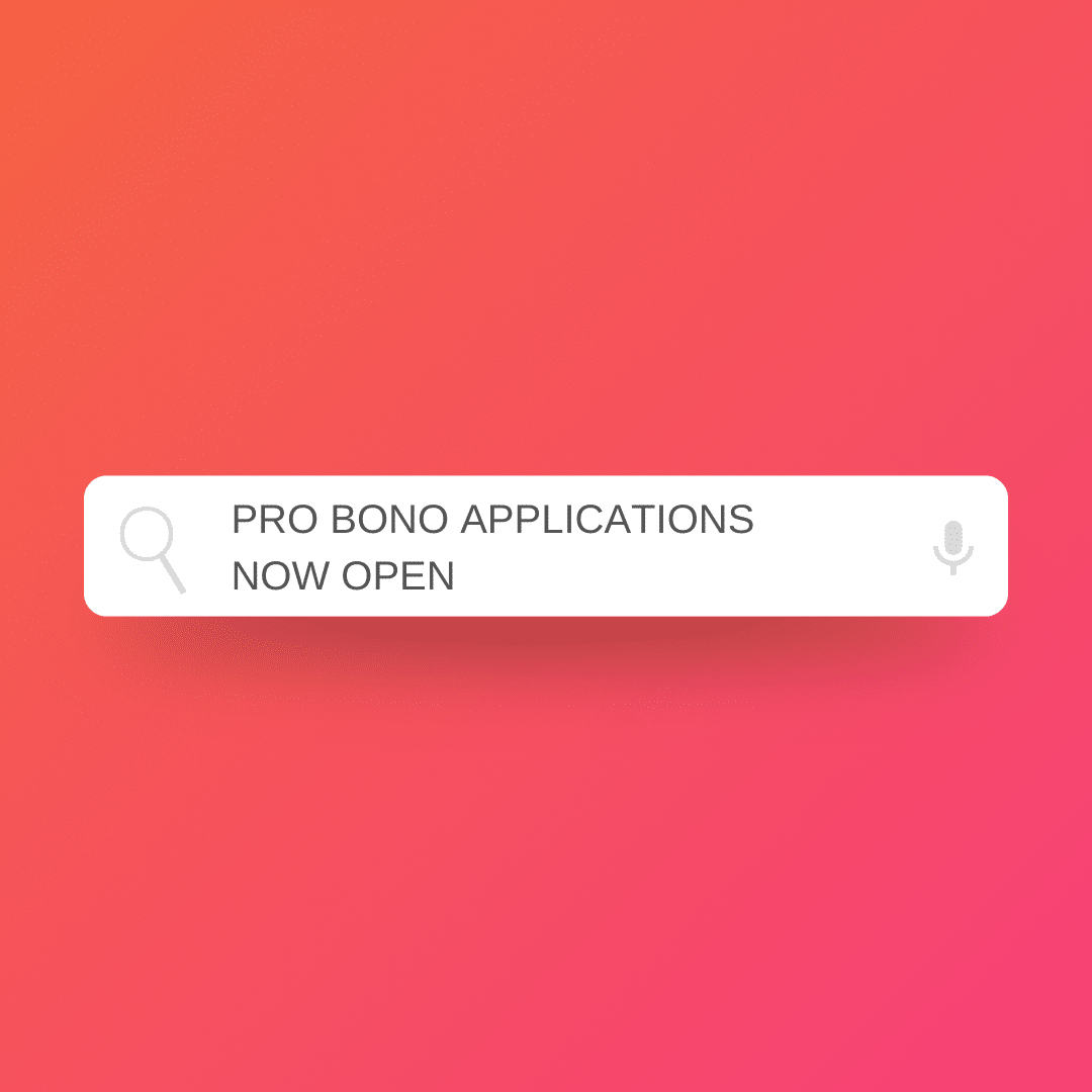 Screenshot of entry form with "pro bono applications now open" in a white background text box.