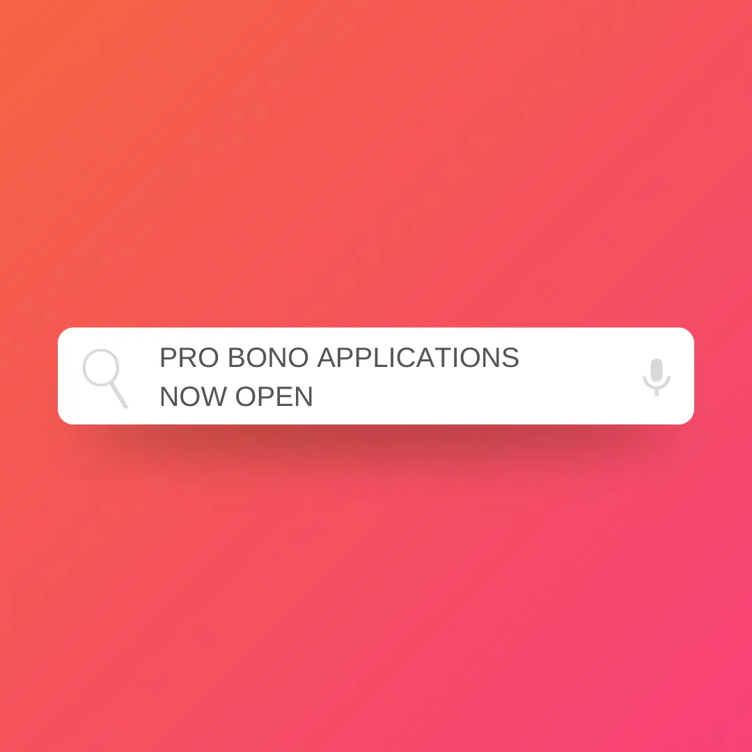 Screenshot of entry form with "pro bono applications now open" in a white background text box.