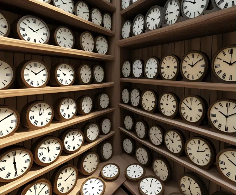 Multiple clocks on shelves. Image: by Howard Lake using Canva AI