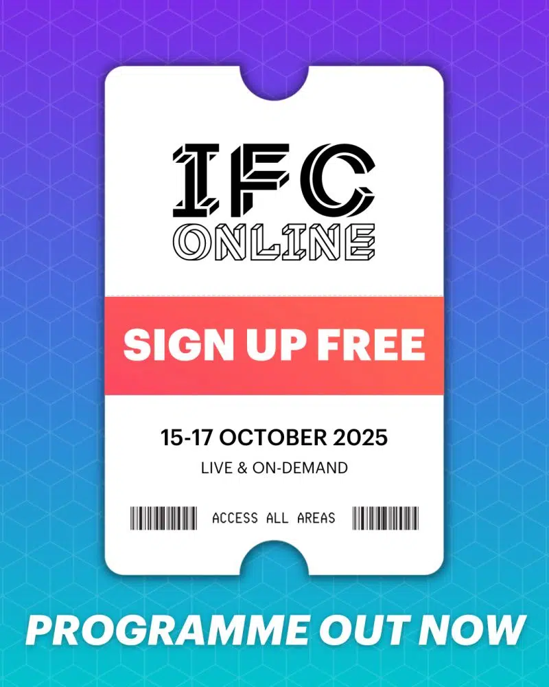 IFC Online. A 2d mockup of a printed ticket. Sign up free. 15-17 October 2025. Programme out now. White ticket on a blue and purple background.