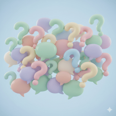 Question marks and speech bubbles against a blue background.
