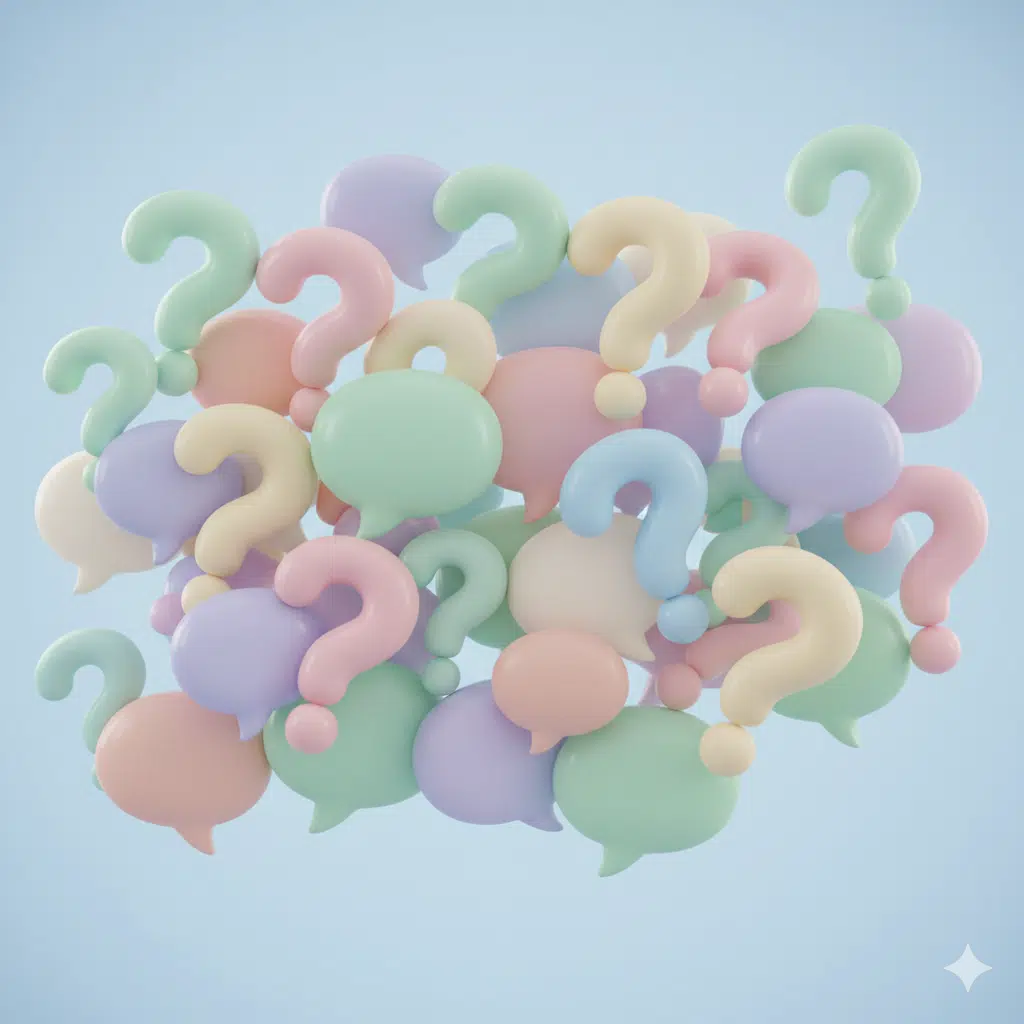 Question marks and speech bubbles against a blue background.