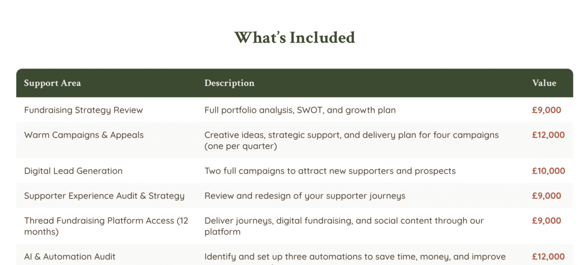 Table of fundraising support that is involved in Thread's Fundraising Accelerator.