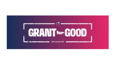 Grant for Good logo, white text on a graduated pink and purple background.