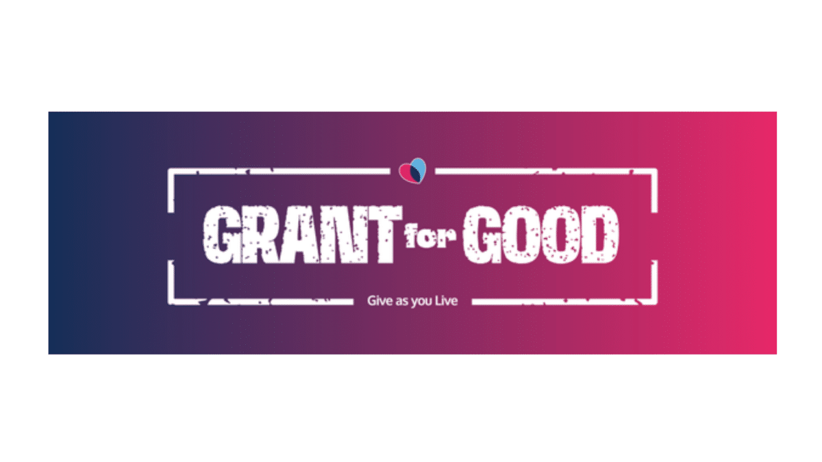 Grant for Good logo, white text on a graduated pink and purple background.