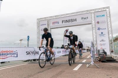 At the finish line at the London to Brighton 2025 Cycle.