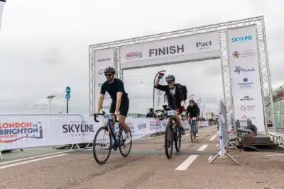 At the finish line at the London to Brighton 2025 Cycle.