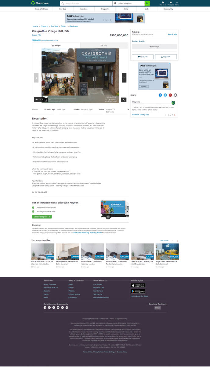 A mock advert on Gumtree for the Craigrothie Village Hall.