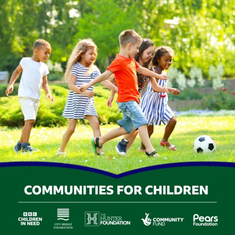 Community for Children fund announcement on LinkedIn. A photo of five young children playing football in a sunny park, and below the logos of five funders.