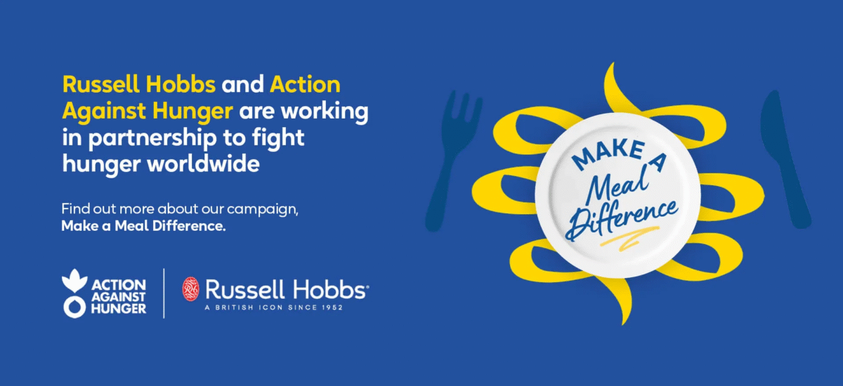 Russell Hobbs and Action Against Hunger are working in partnership to fight hunger worldwide. Logos of the two organisations, plus Make a Meal Difference logo.