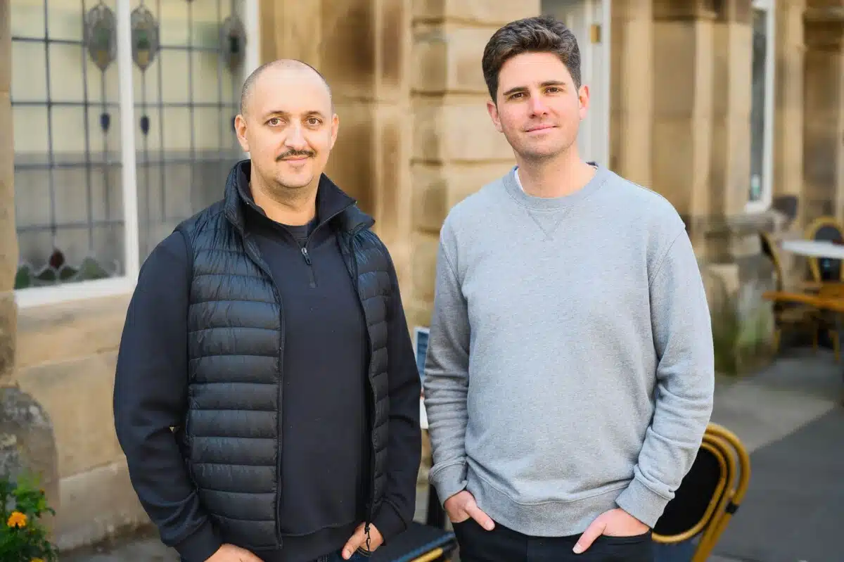 James Poulter and Luke Wilkinson outside the Buxton Pump Room at the launch of Raiser