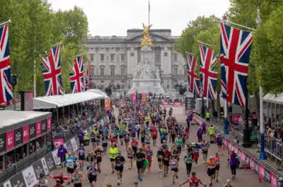 Runners head towards the finish line and away from Buckingham Palace during The TCS London Marathon on Sunday 27th April 2025.