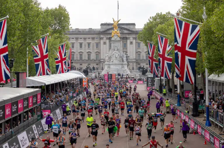 Runners head towards the finish line and away from Buckingham Palace during The TCS London Marathon on Sunday 27th April 2025.