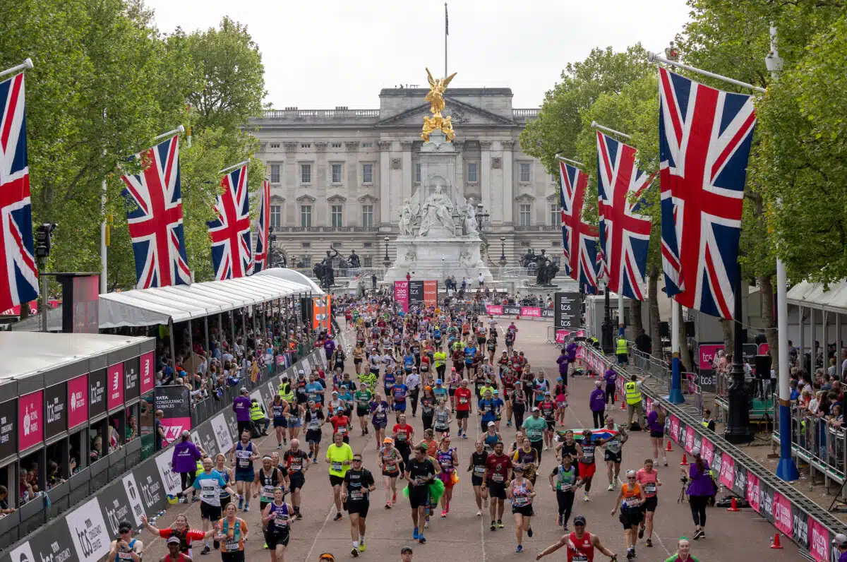 Runners head towards the finish line and away from Buckingham Palace during The TCS London Marathon on Sunday 27th April 2025.