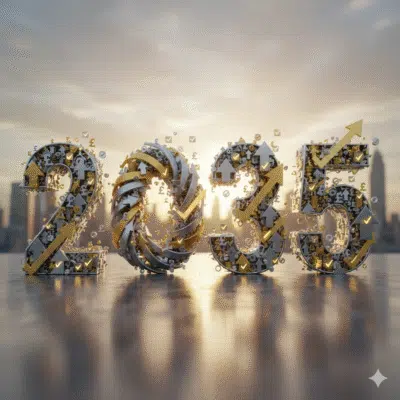 The year 2035 against an urban background. Positive symbols on the numbers suggest financial growth and success.