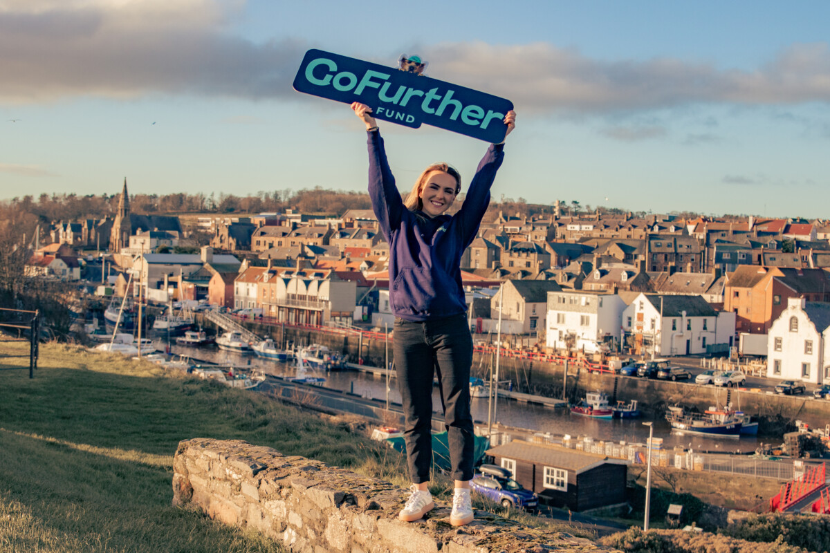 Ellis Baverstock, Community Engagement Executive at GoFibre, marks the launch of the second round of the GoFurther Fund in the Scottish Borders, photographed in Eyemouth.