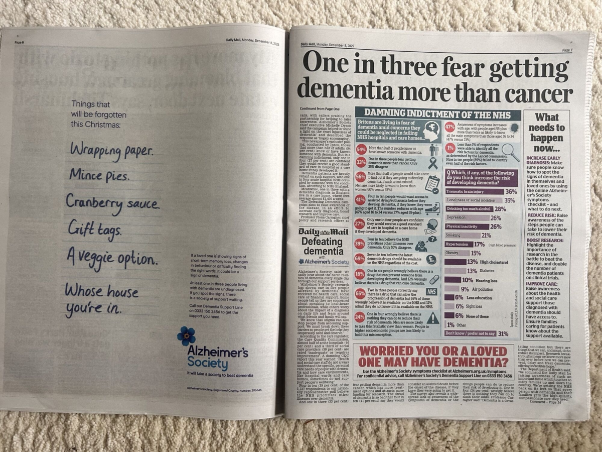 Two full pages in the Daily Mail covering Alzheimer's Society's work to tackle alzheimer's.