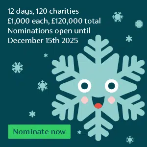 12 days, 120 charities, £1,000 each. Nominate now button, next to an illustration of a snowflake with a smiling face