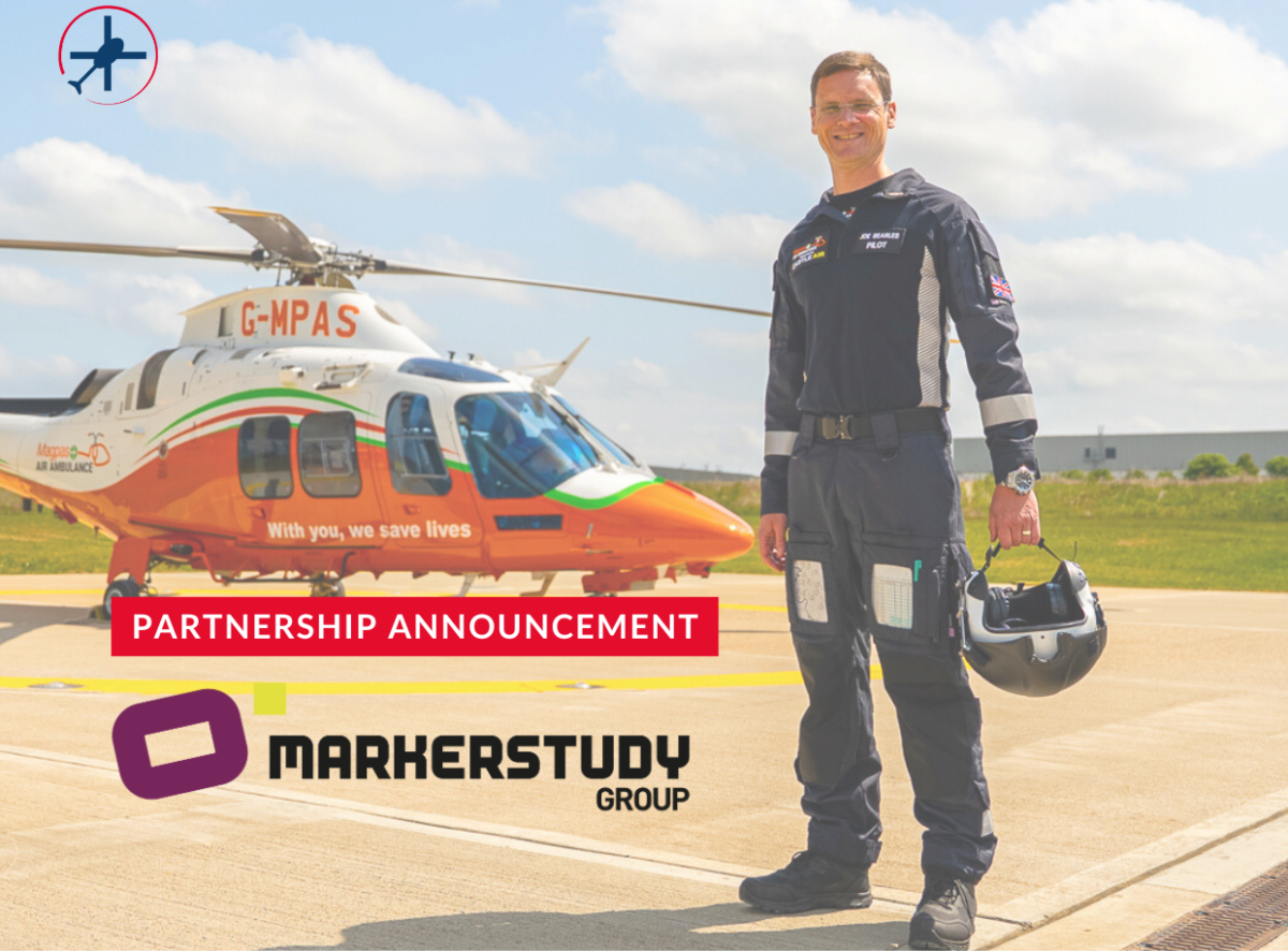 Partnership announcement between Markerstudy Group and AAUK. A pilot stands in front of an air ambulance on an airfield.