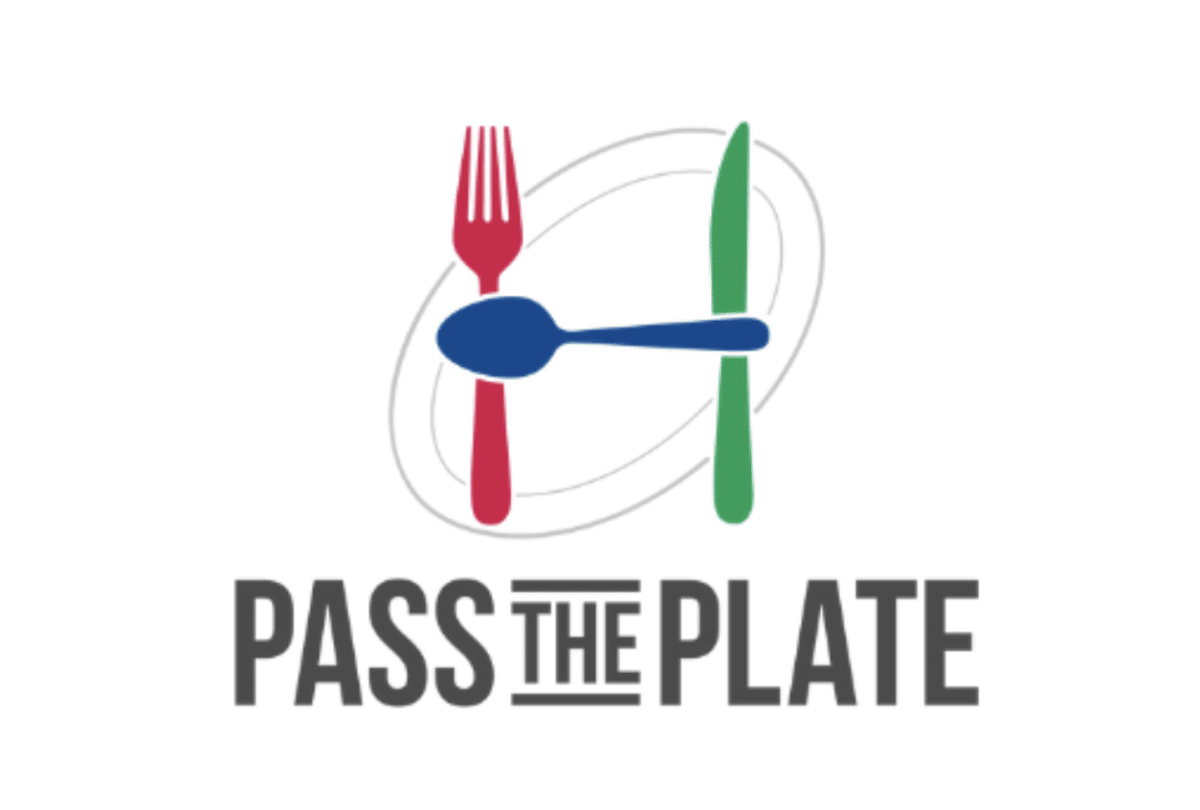 Pass the Plate logo. A red fork and green knife plus a horizontal blue spoon across them are placed on an oval white plate