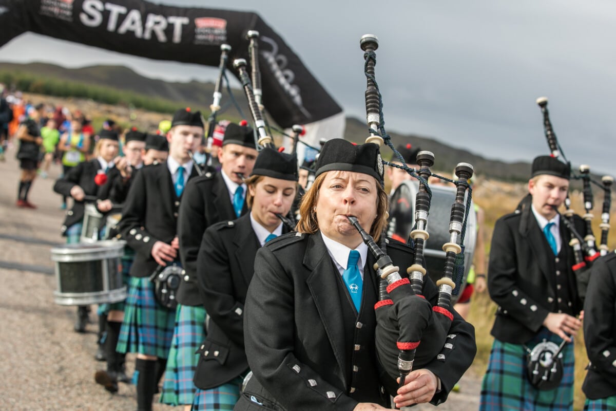 Pipes band at the start of the Loch Ness Marathon in 2018.