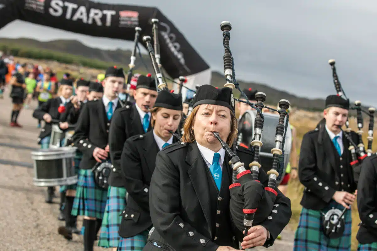 Pipes band at the start of the Loch Ness Marathon in 2018.