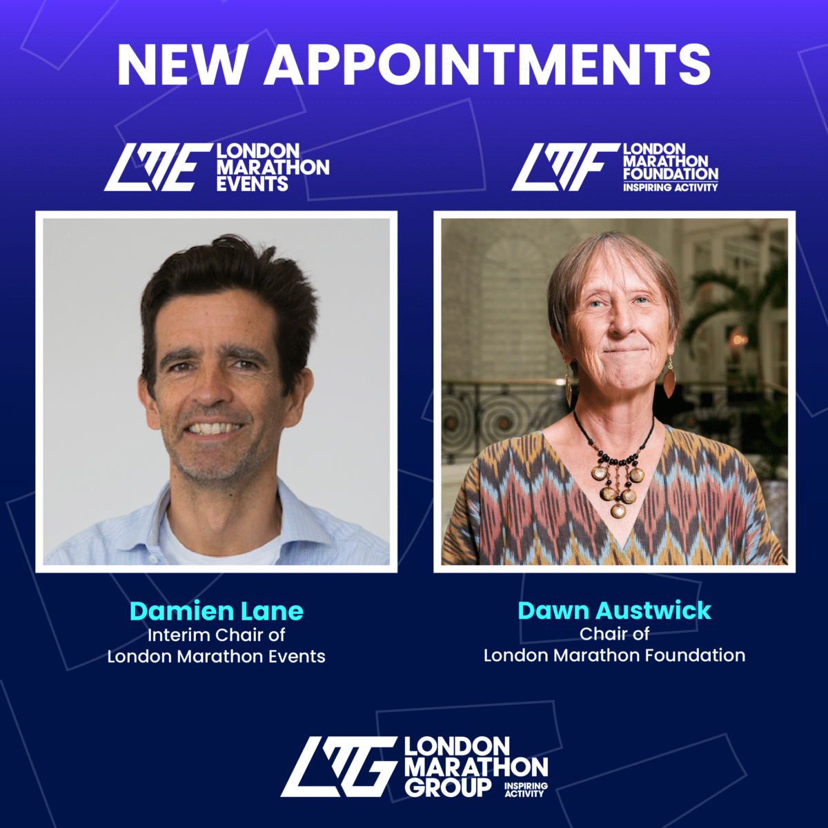 Photos of Damien Lane and Dawn Austwick, new appointments, on a branded image from London Marathon Group