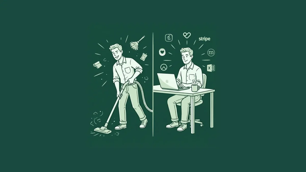 Illlustration of a mang sweeping and cleaning before then being able to use a wide range of data tools, sitting at a desk with his laptop.