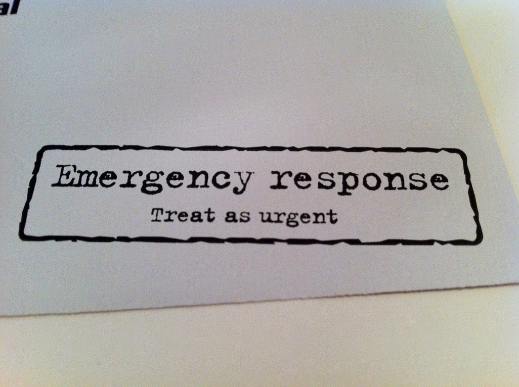 Emergency response, treat as urgent. Stamped text on a fundraising appeal envelope.