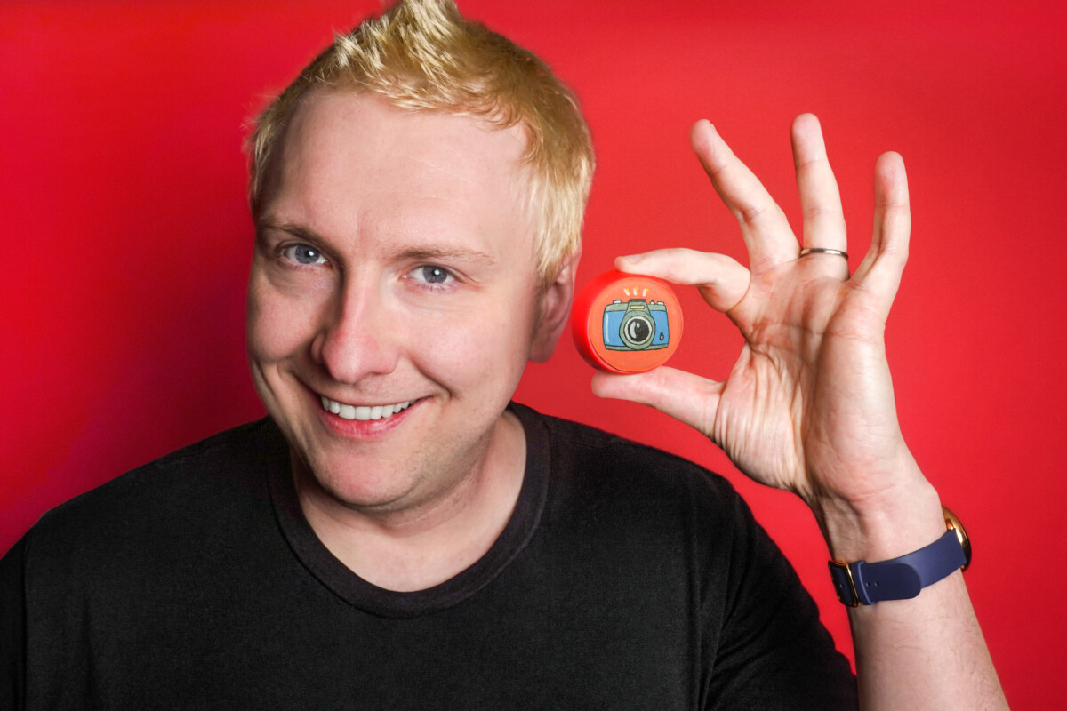 Comedian Joe Lycett supports Red Nose Day 2026 by wearing one of the new Design-Yer Noses.