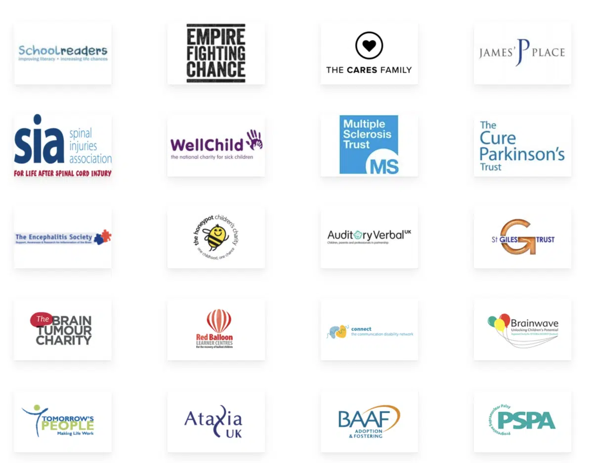 Charities help by The October Club. A table of charities logos