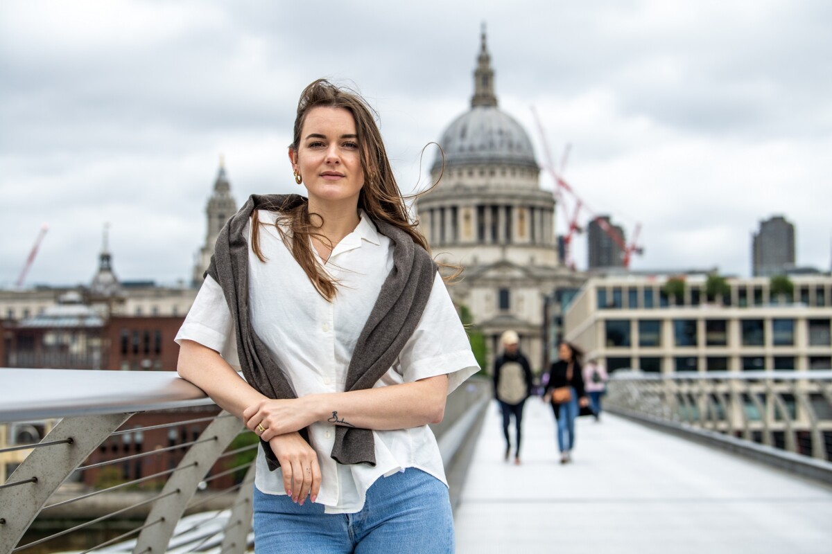 Cecilia Knapp - Poet in Residence - on the Millennium Bridge in front of St Paul's Cathedral