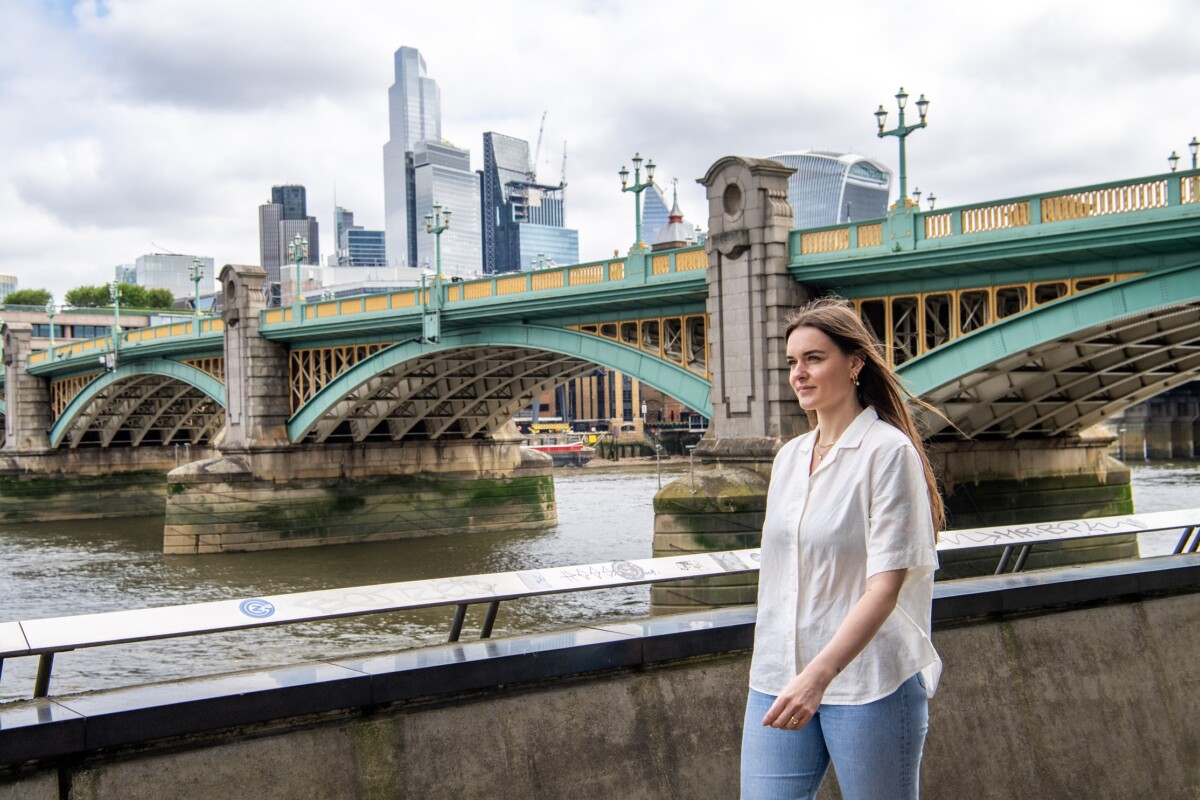 Cecilia Knapp - Poet in Residence - in front of Southwark Bridge