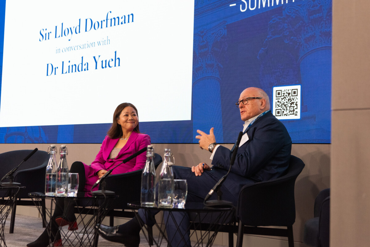 Sir Lloyd Dorfman in conversation with Dr Linda Yueh. Fanny Beckman ©Integra