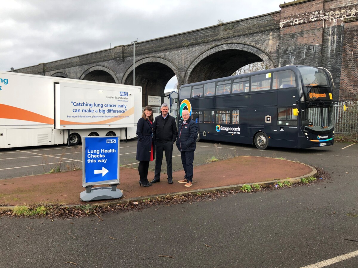 Rob Jones, Zoe Merchant and Professor Richard Booton at the NHS mobile lung cancer sreening clinic parked at Hazel Grove Park and Ride.