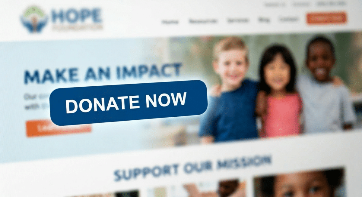 Mockup of a charity's online 'donate now' button. Created with Firefly Gemini (AI) by Howard Lake, March 2026.