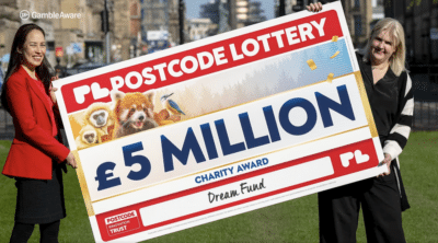 Postcode Lottery £5 million mockup large cheque for the Dream Fund charity award.