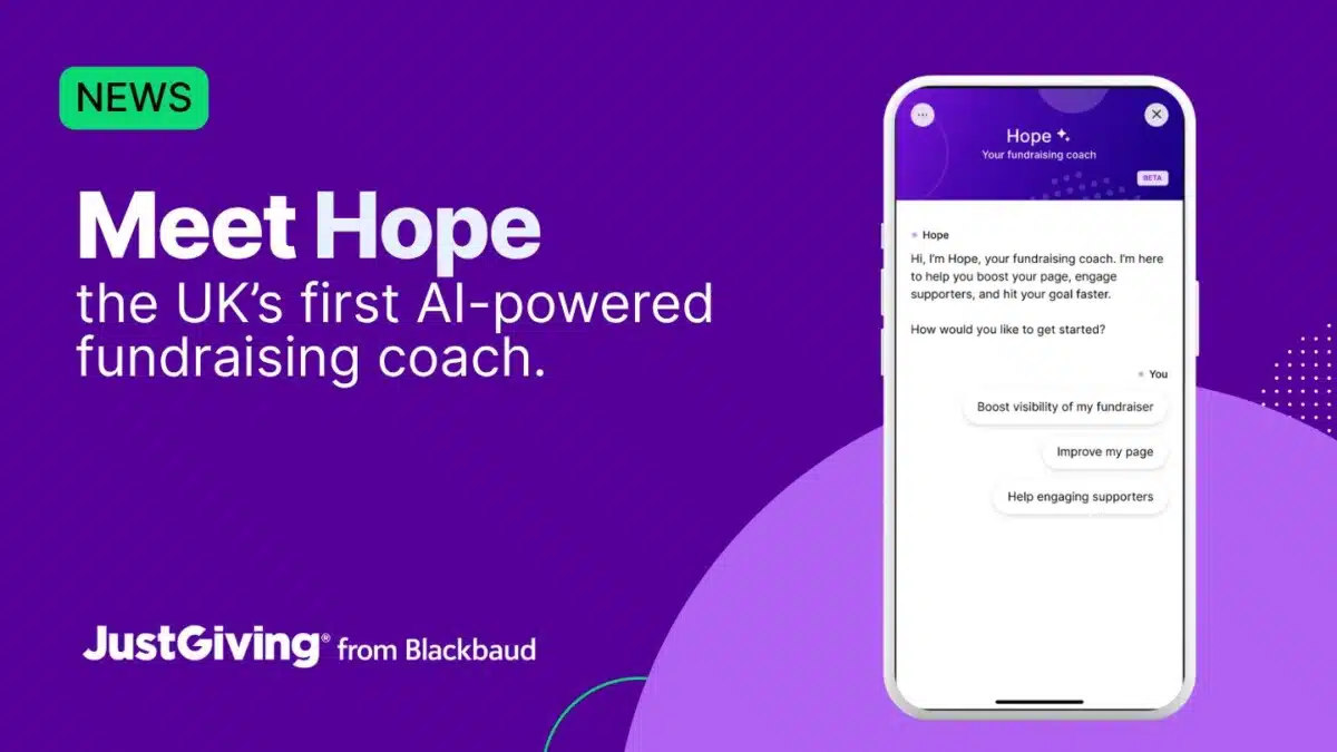 JustGiving announcement - Meet Hope, the UK's first AI-powered fundraising coach. Includes an illustration of a screenshot.